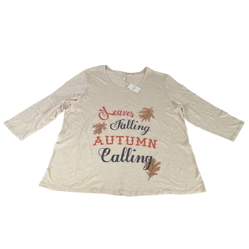 Cato Graphic Tee 18/20W Beige Leaves Falling Autumn Calling 3/4 Sleeve Neutral
